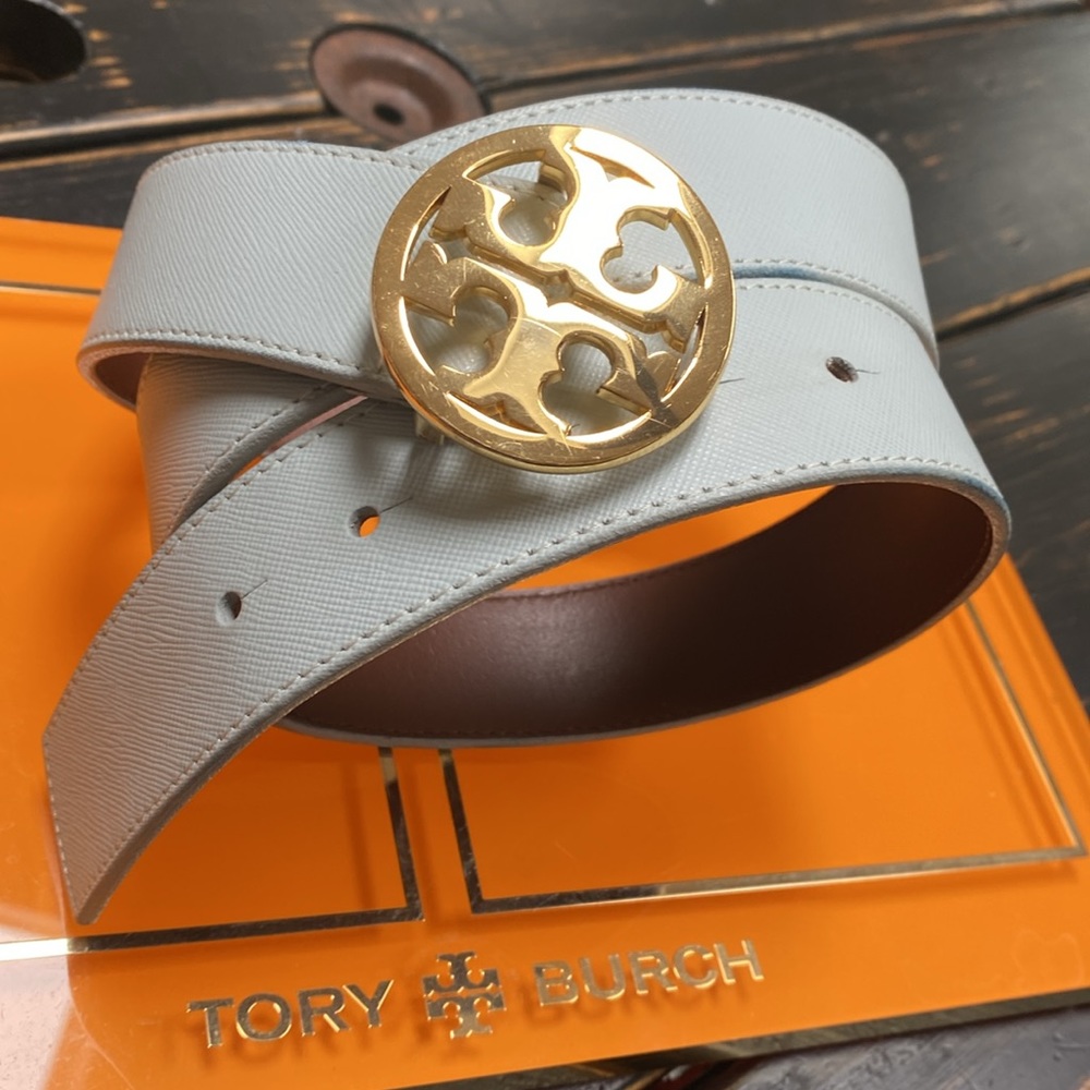 Tory Burch Light Blue Leather Belt with Hold Logo